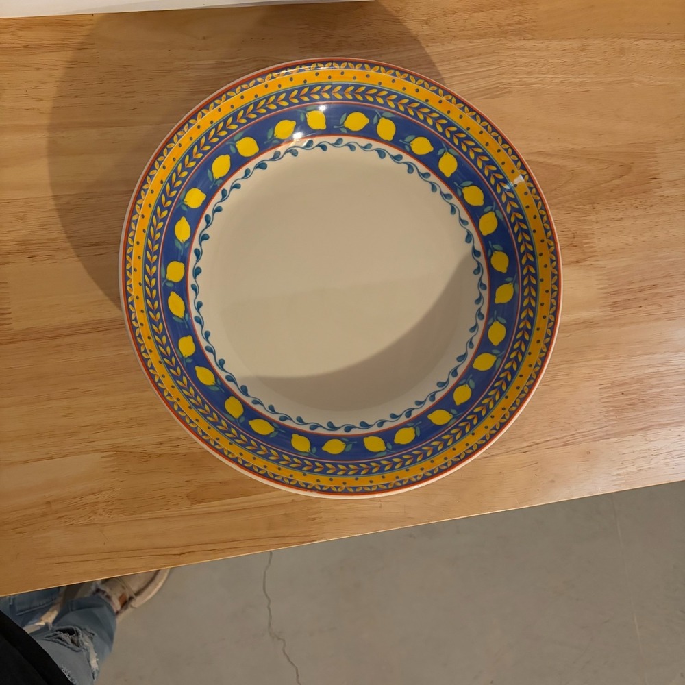Furio Home Portugal Lemon Serving Bowl 12.75in Hand Painted Ceramic Blue Yellow